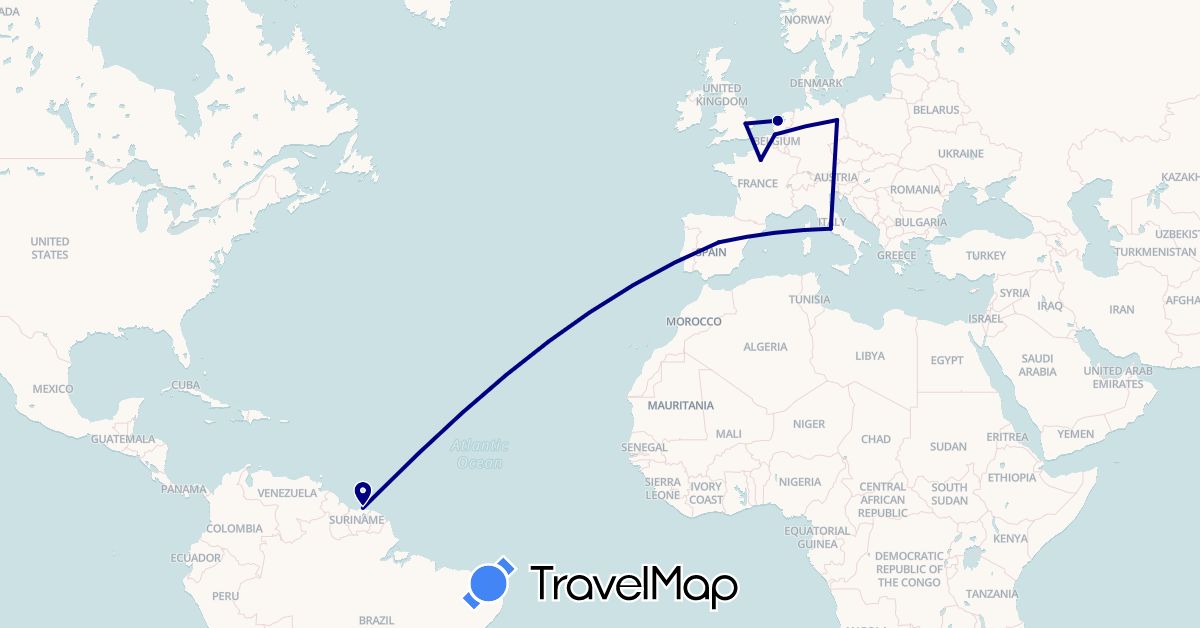 TravelMap itinerary: driving in Belgium, Germany, Spain, France, United Kingdom, Italy, Netherlands, Suriname (Europe, South America)
